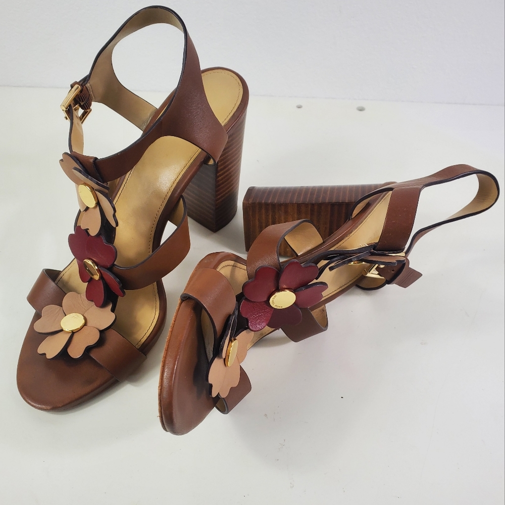 MICHAEL KORS Leather + Wood Flower Strappy Cage Heels / Sandals - Picture 3 of 16